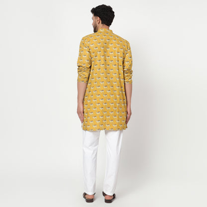 yellow Men's block printed band collar cotton kurta