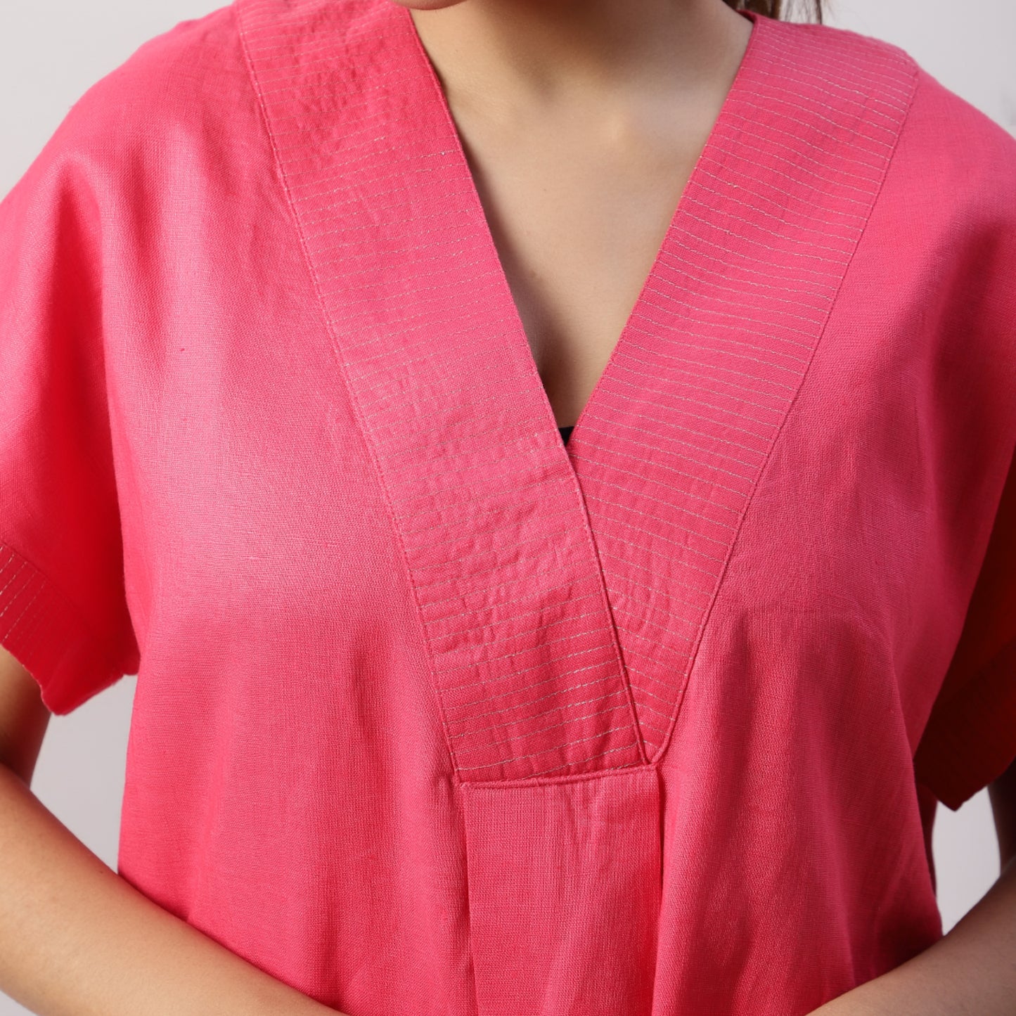 Drop shoulder V neck linen dress
