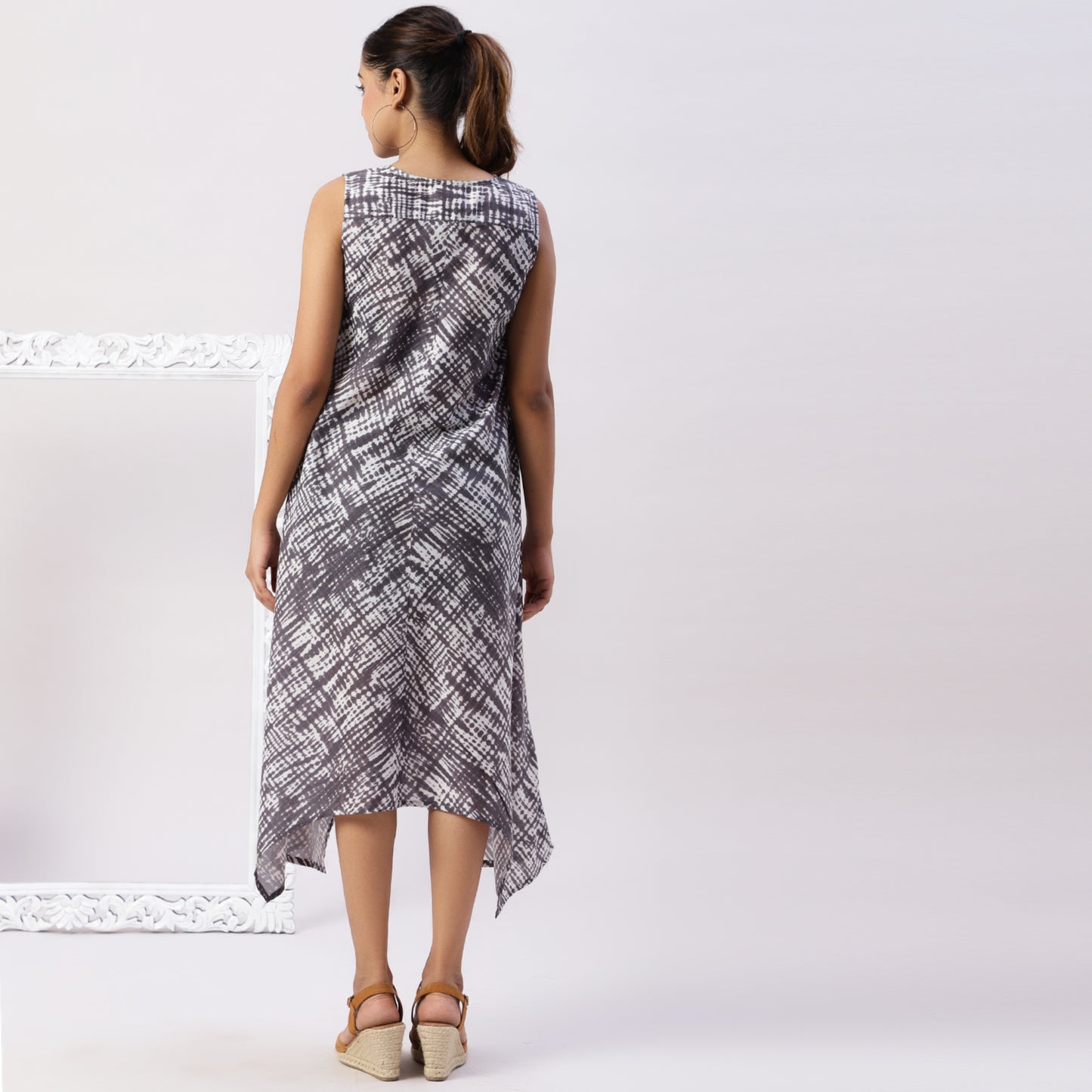 V neck asymmetric shibori dress with mirrorwork