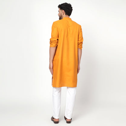 yellow Men's band collar cotton silk kurta