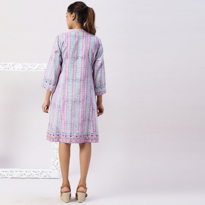 Block printed kantha finish dress with mirrorwork