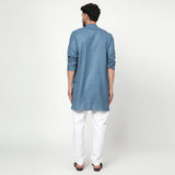 blue Men's band collar cotton silk kurta