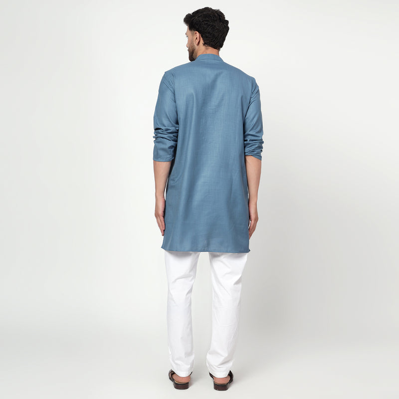 blue Men's band collar cotton silk kurta