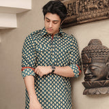 green men's printed shirt collar cotton kurta