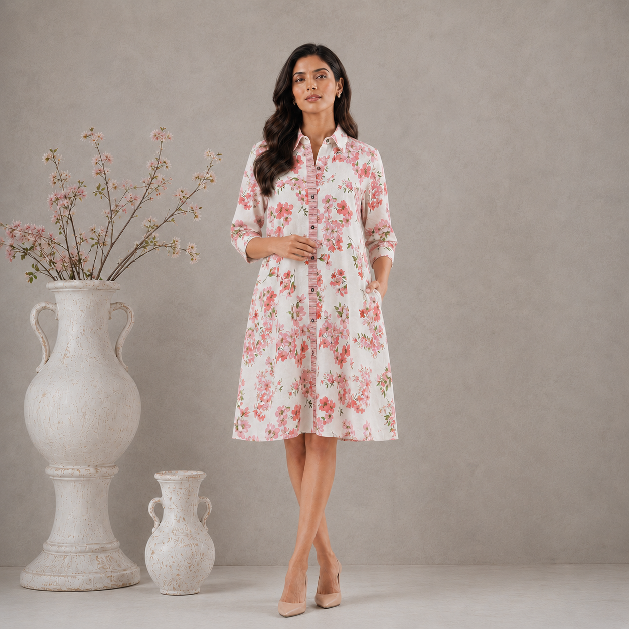 Off-White & Pink Floral Print Shirt Dress - Spring Soul