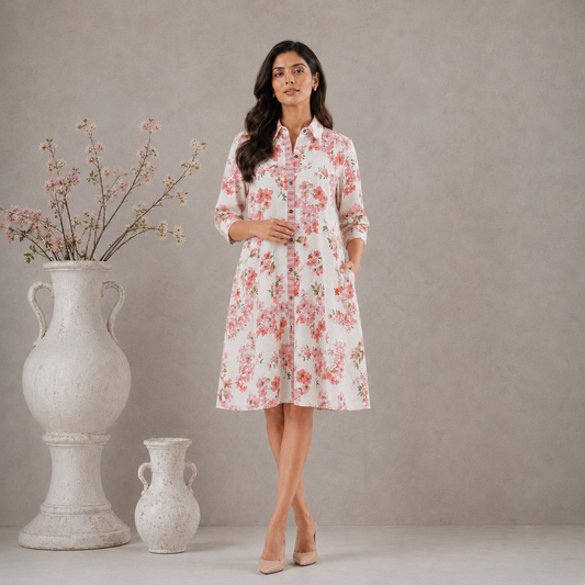Pink Flax Printed Shirt dress with Pockets