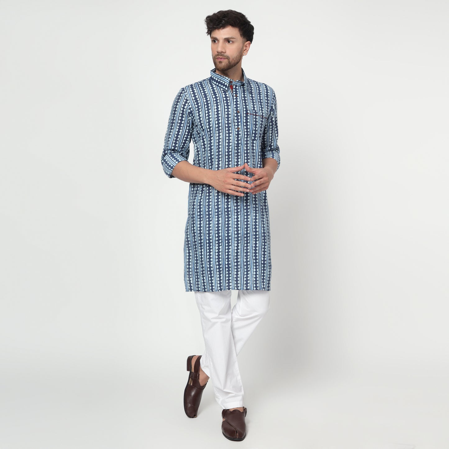 blue Men's printed band collar cotton kurta