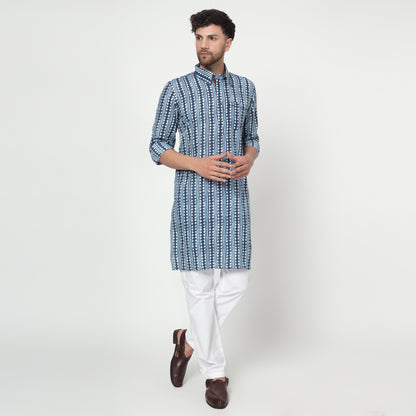 blue Men's printed band collar cotton kurta