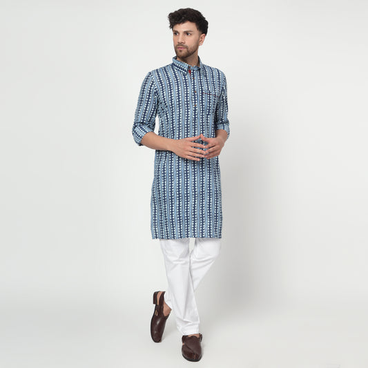 blue Men's printed band collar cotton kurta