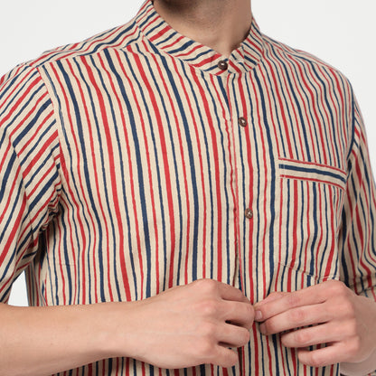 beige Cotton printed band collar full sleeves shirt