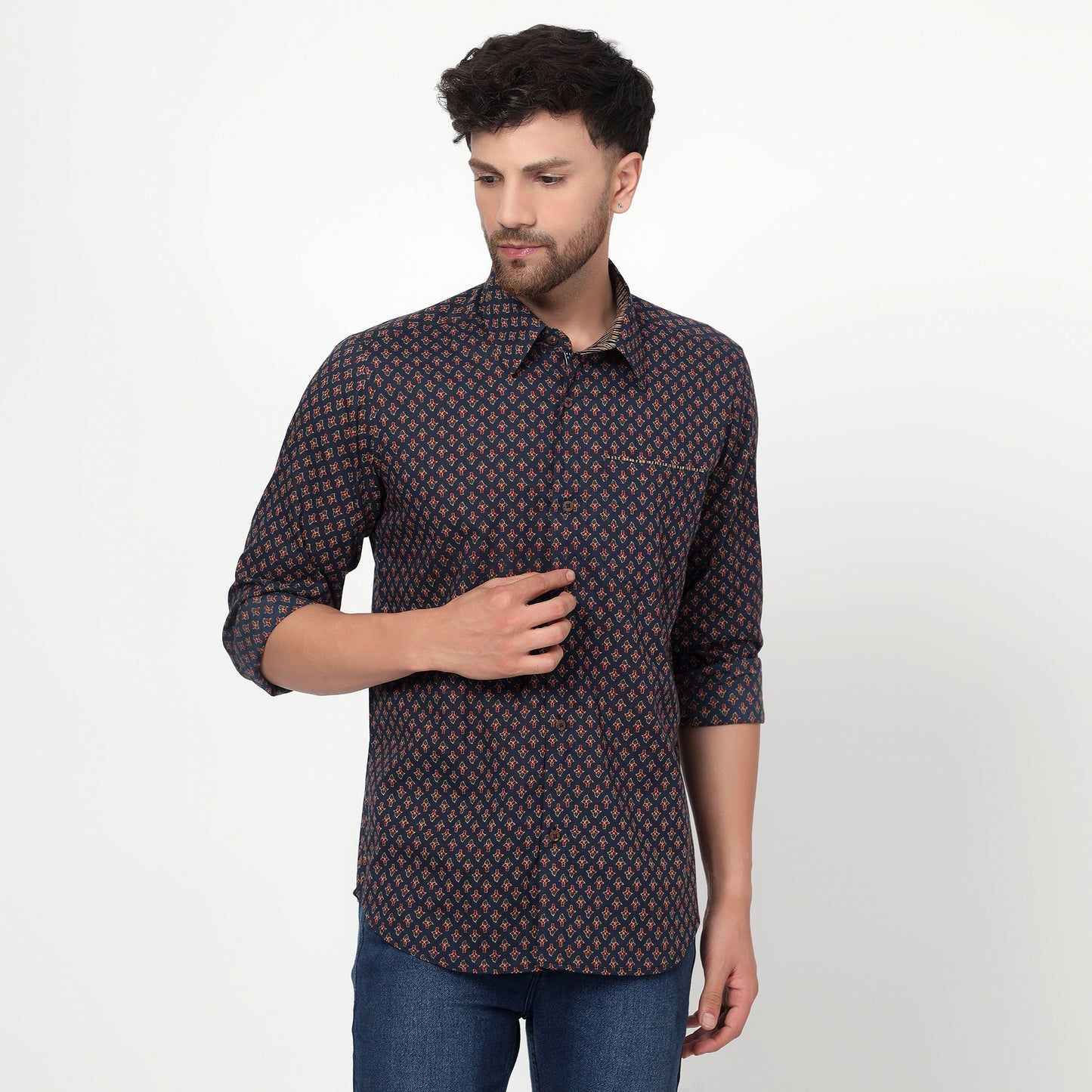 navy blue Cotton printed full sleeves shirt