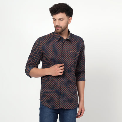 navy blue Cotton printed full sleeves shirt
