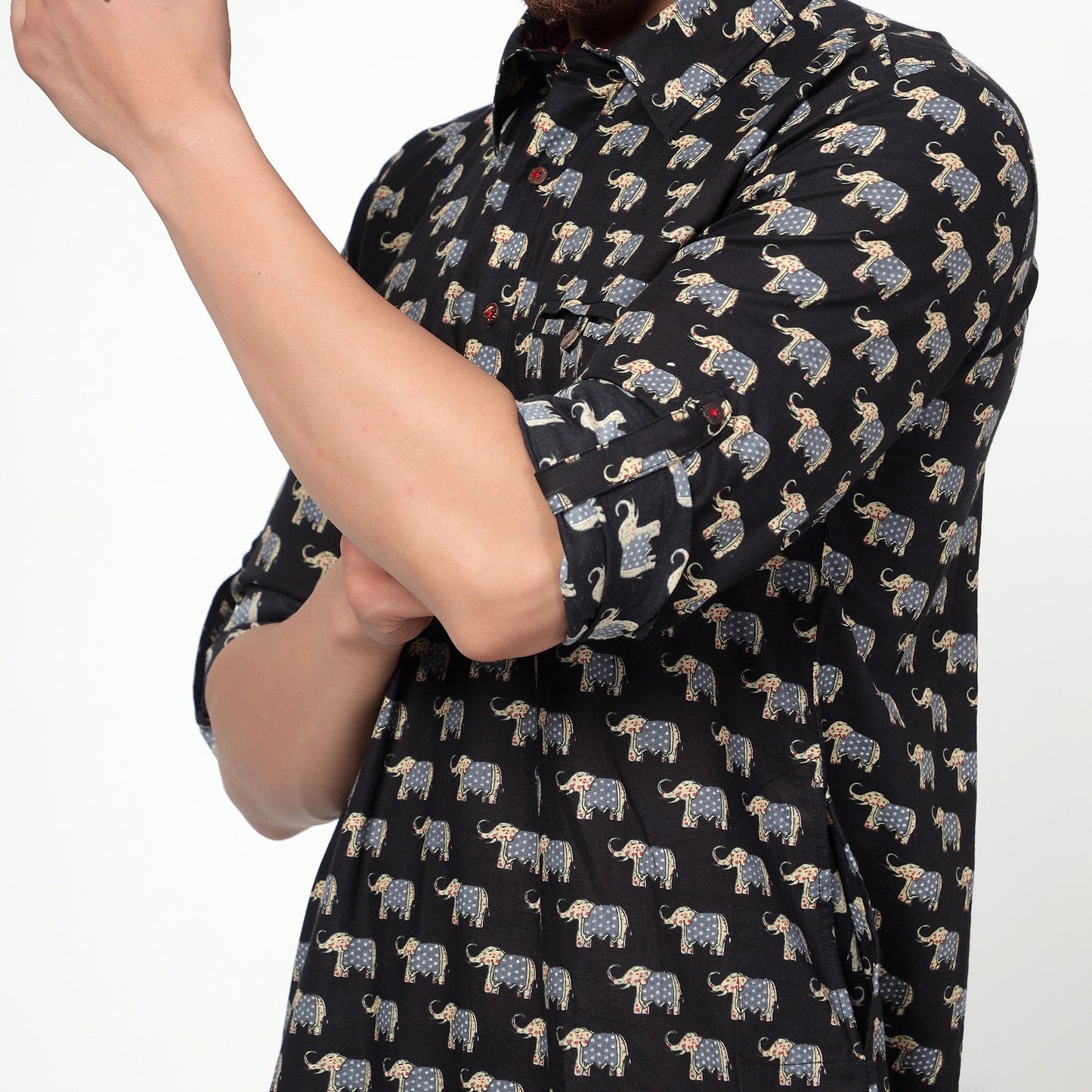 balck Men's block printed shirt collar cotton kurta