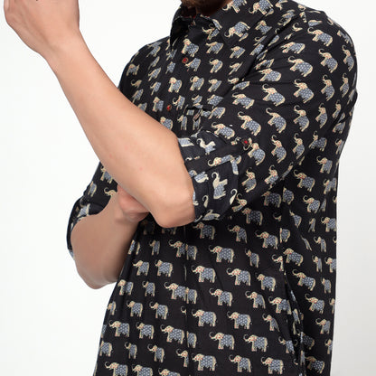 balck Men's block printed shirt collar cotton kurta