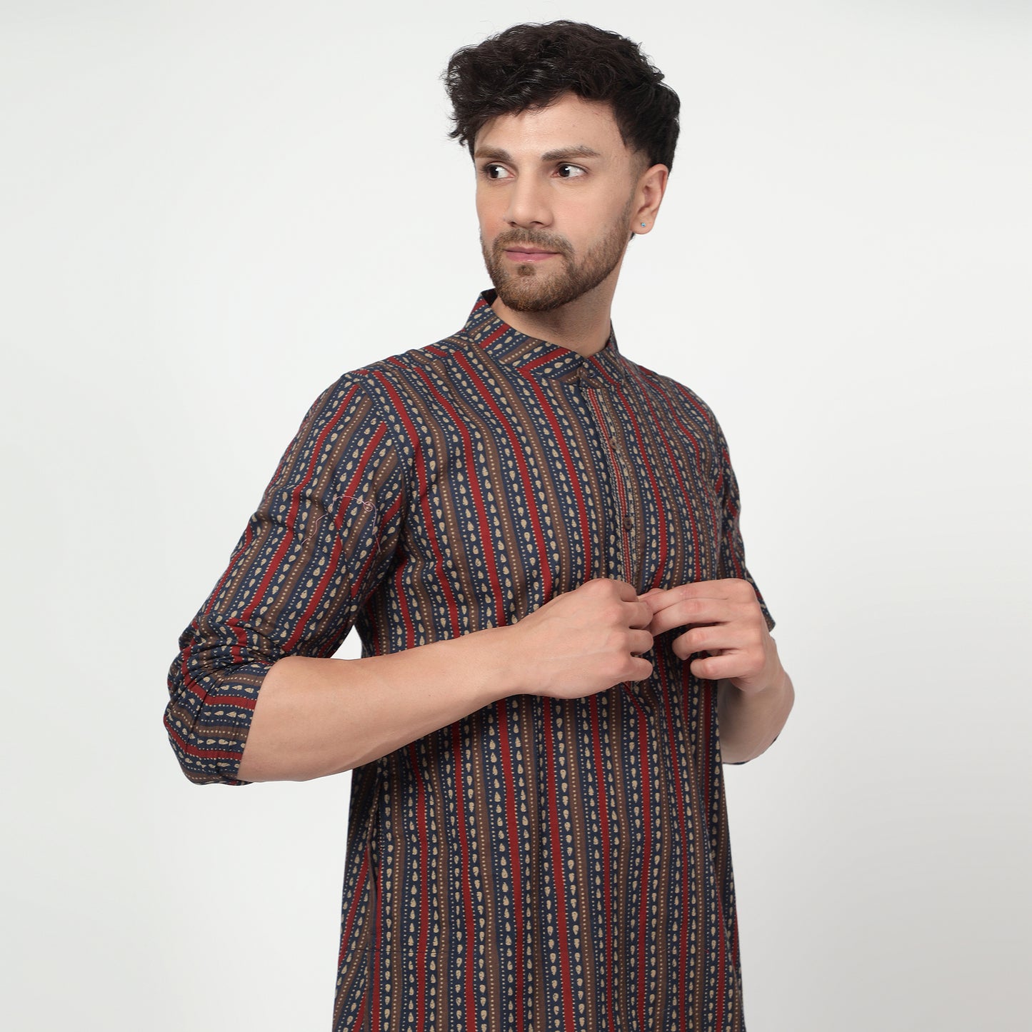 maroon Men's band collar cotton kurta