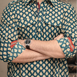 green men's printed shirt collar cotton kurta