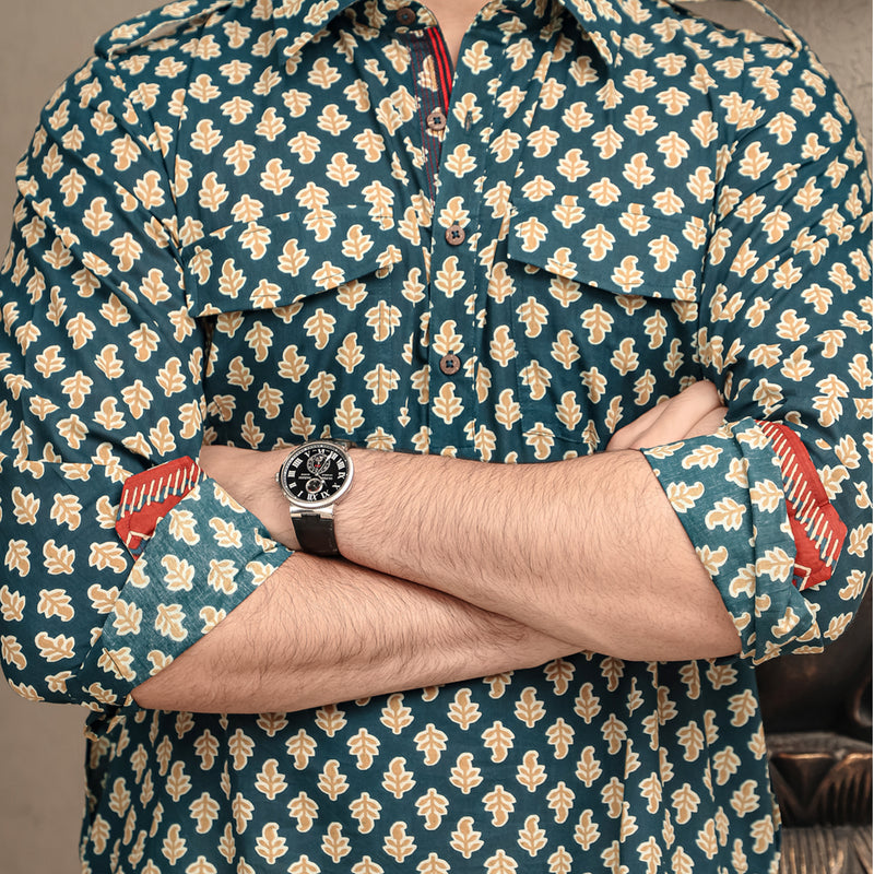 green men's printed shirt collar cotton kurta