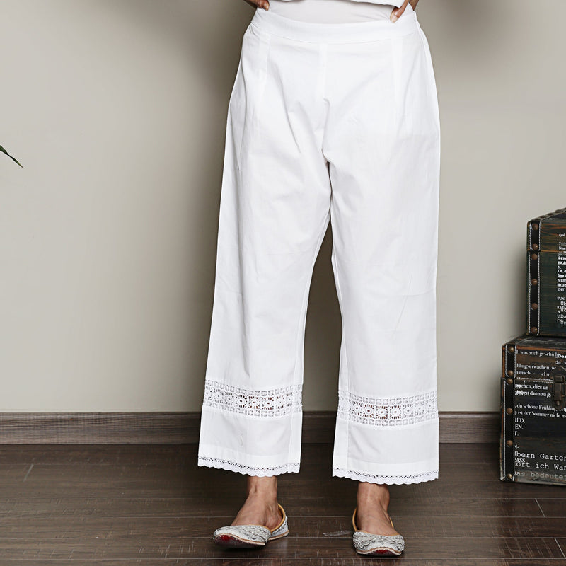 Cotton Satin ankle length  pants with lace detailing