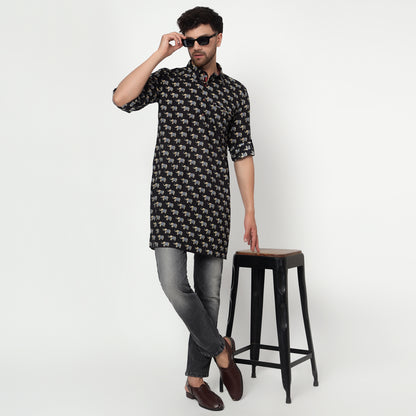 balck Men's block printed shirt collar cotton kurta