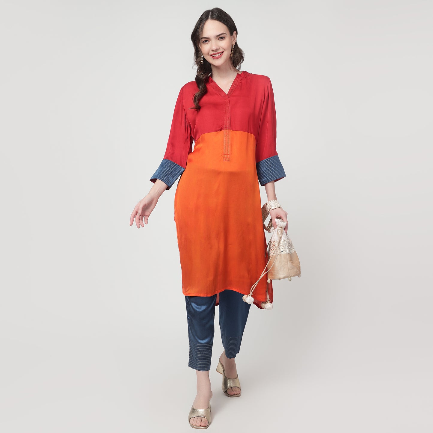 Color block modal silk kurta with pants