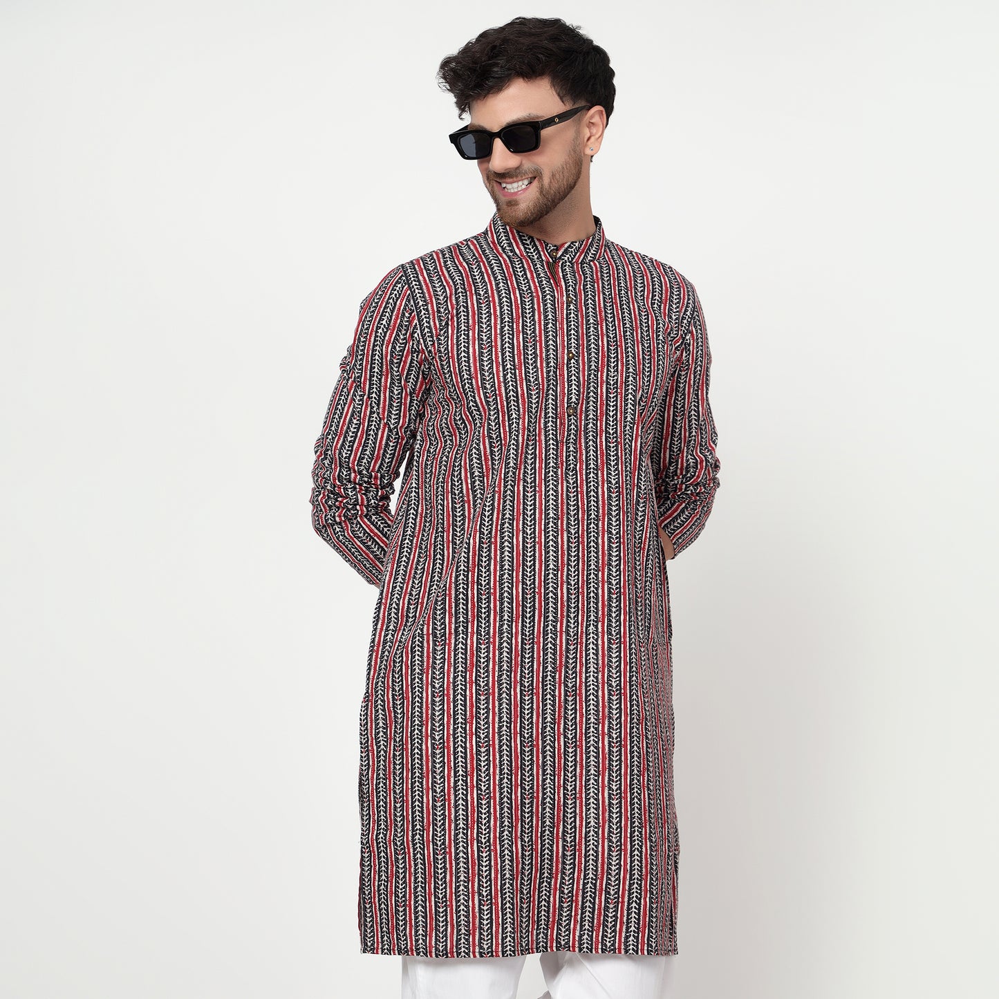 red Men's printed band collar cotton kurta