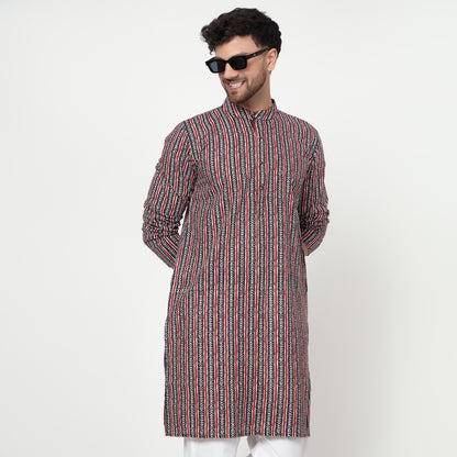 red Men's printed band collar cotton kurta