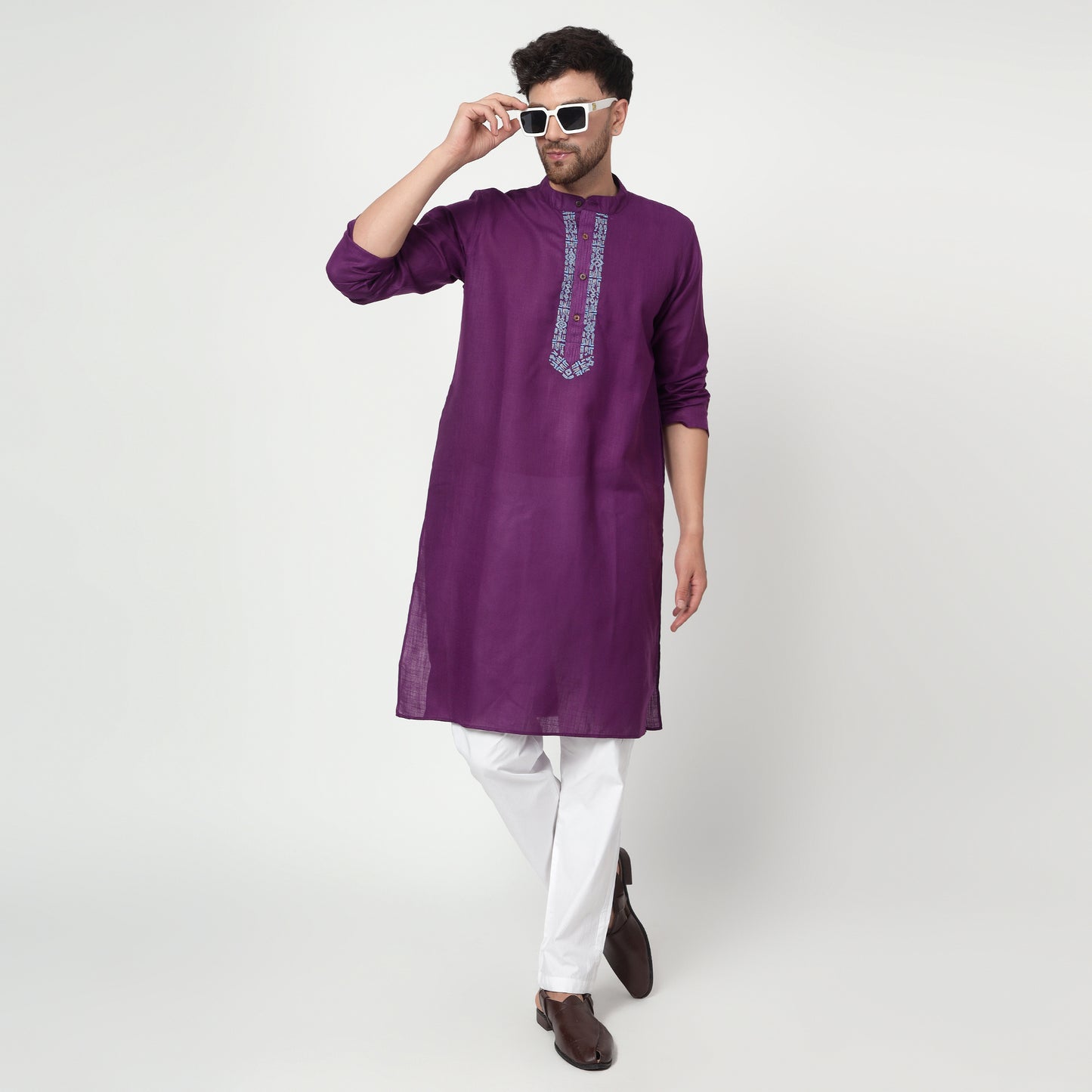 purple Men's band collar cotton silk kurta