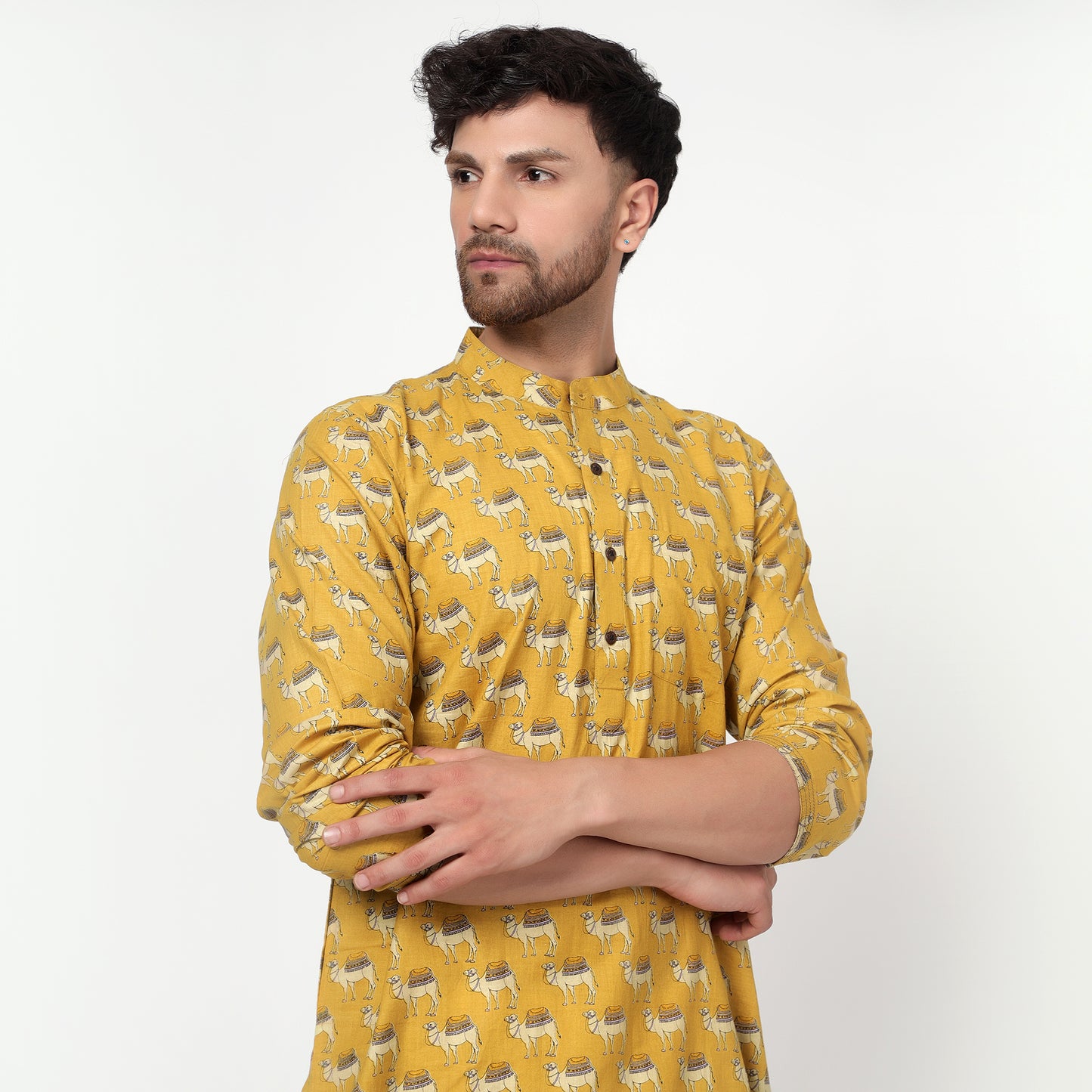 yellow Men's block printed band collar cotton kurta