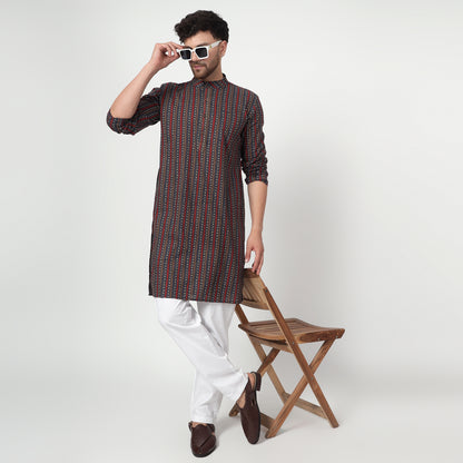 maroon Men's band collar cotton kurta