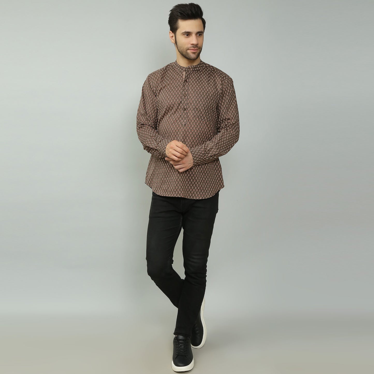brown Cotton printed full sleeves kurta style shirt