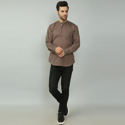 brown Cotton printed full sleeves kurta style shirt