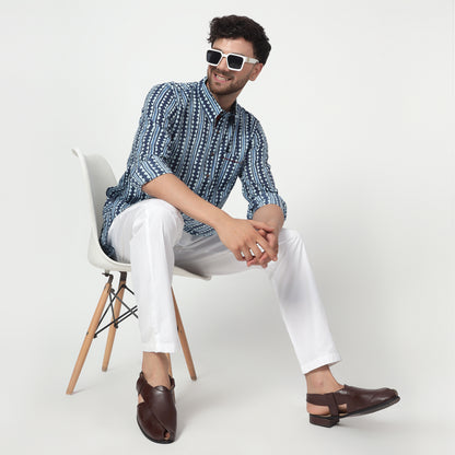 blue Men's printed band collar cotton kurta