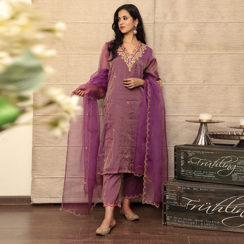 Embroidered purple metallic chanderi kurta set