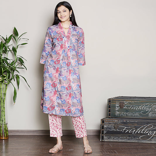 Printed Blue A-line kurta set