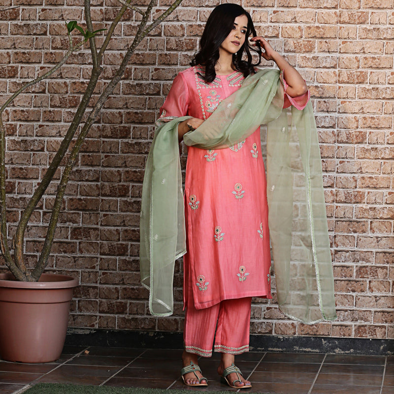 Coral embroidered kurta set with dupatta