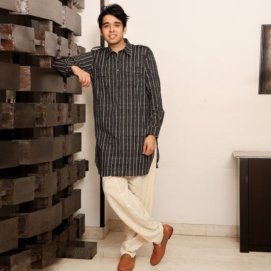 black men's printed shirt collar cotton kurta