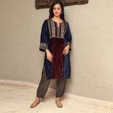 Colour Block Crushed Velvet Kurta Set with Stripe Modal Silk Harem Pants