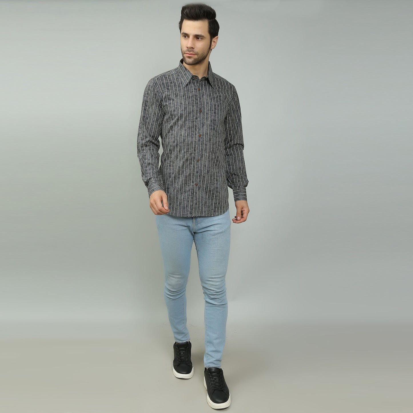dark grey Cotton printed full sleeves shirt