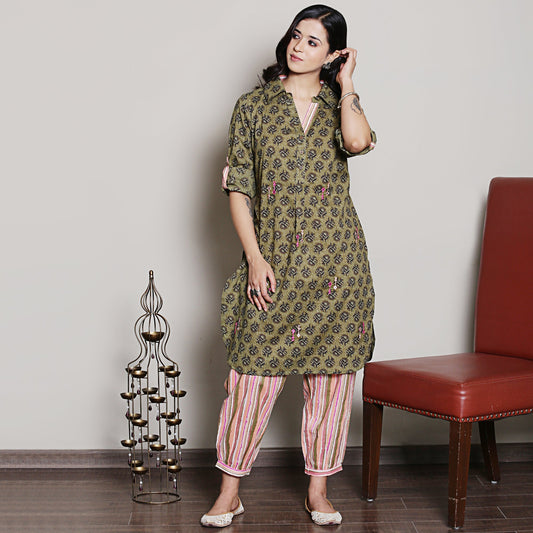 Block printed olive green co-ord set with embroidery and collar detailing