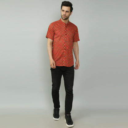 maroon Cotton printed half sleeves band collar shirt