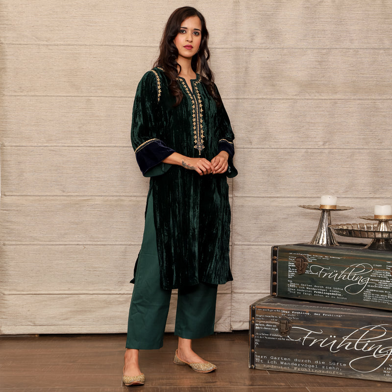 Dark Green Embroidered Crushed Velvet Silk Kurta with Mashru Silk Pants