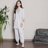 Block printed grey co-ord set with neck embroidery