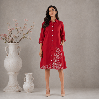 Red Floral Embroidered Poplin Shirt Dress - Spring Soul