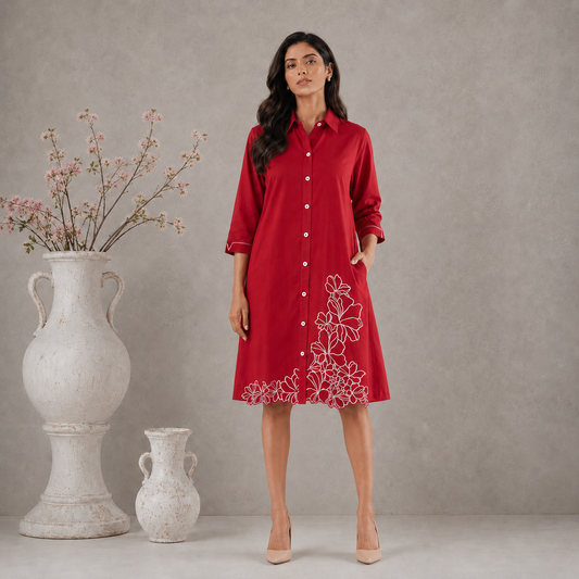 Red Cotton Floral embroidered Shirt dress with Pockets