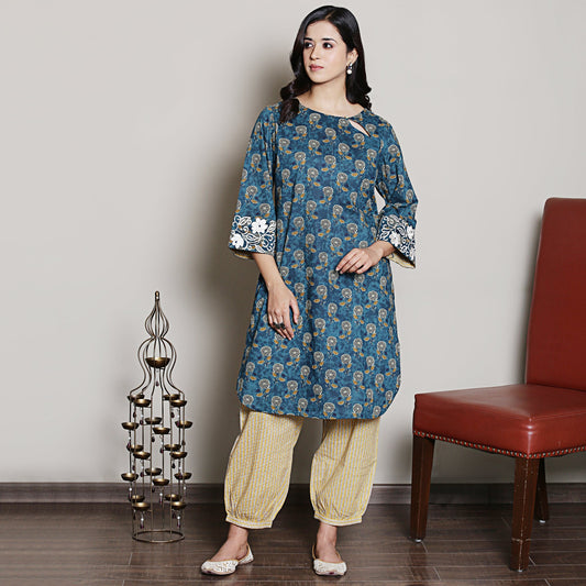 Teal embroidered Block Printed Co-ord Set