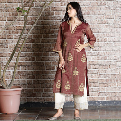 brown chanderi embroidered kurta