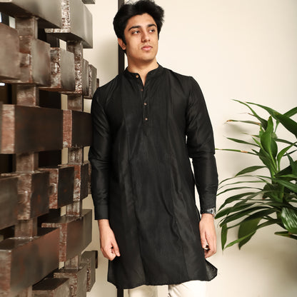 black men's band collar cotton silk kurta