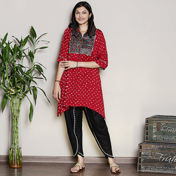 Bandhani asymmetric kurta with yoke detailing and dhoti pants