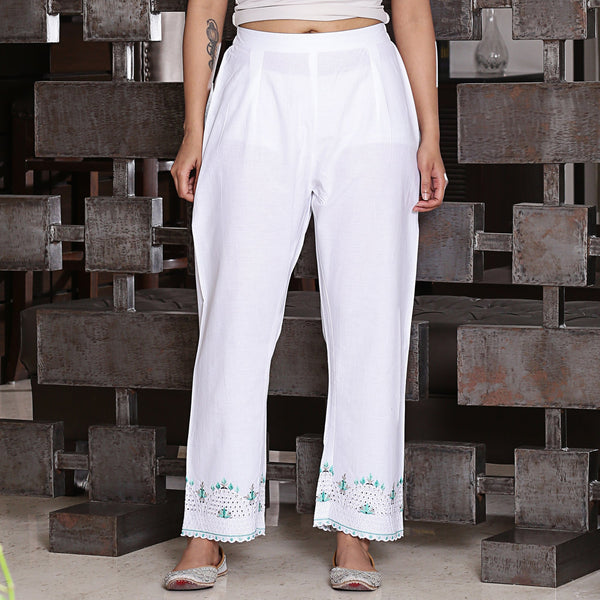 Cotton scallop embroidered ankle length  pants