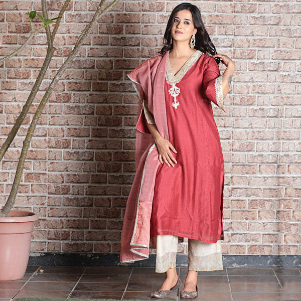 brick red chanderi A-line embroidered kurta set with dupatta